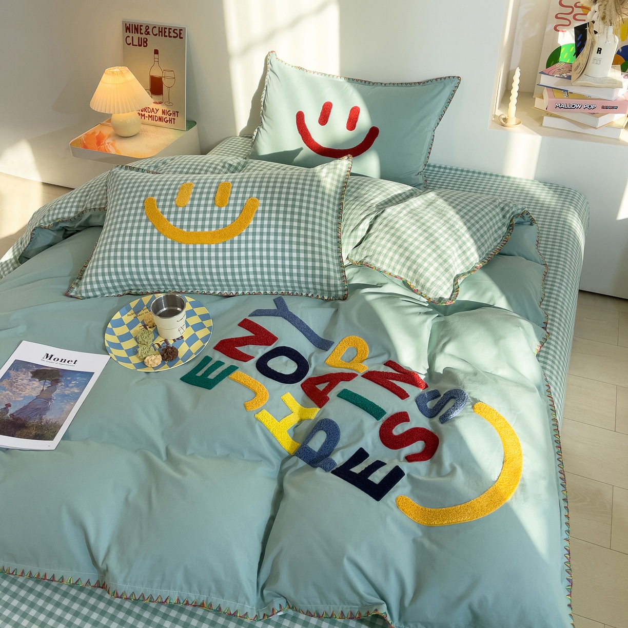 91家纺网 家纺一手货源 找家纺 炫拼家纺 2026新款A类全棉水洗棉贝壳边毛巾绣四件套-炫彩系列 炫彩-绿