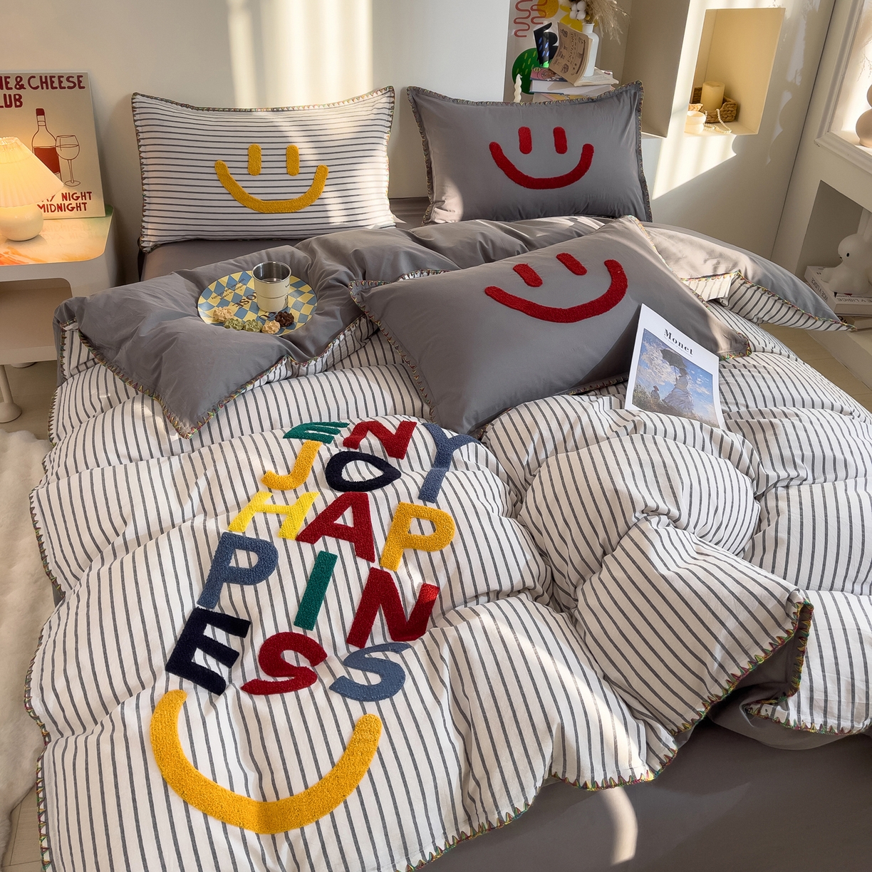 91家纺网 家纺一手货源 找家纺 炫拼家纺 2026新款A类全棉水洗棉贝壳边毛巾绣四件套-炫彩系列 炫彩-灰