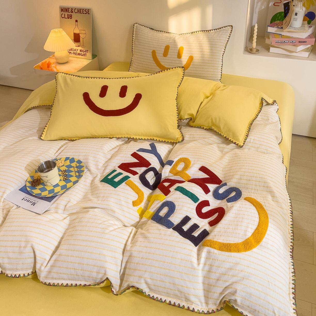 91家纺网 家纺一手货源 找家纺 炫拼家纺 2026新款A类全棉水洗棉贝壳边毛巾绣四件套-炫彩系列 炫彩-黄