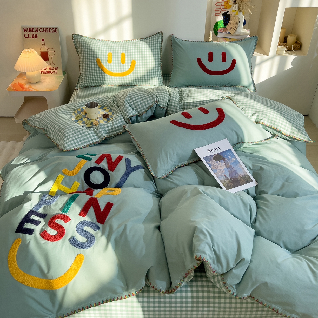 91家纺网 家纺一手货源 找家纺 炫拼家纺 2026新款A类全棉水洗棉贝壳边毛巾绣四件套-炫彩系列 炫彩-绿