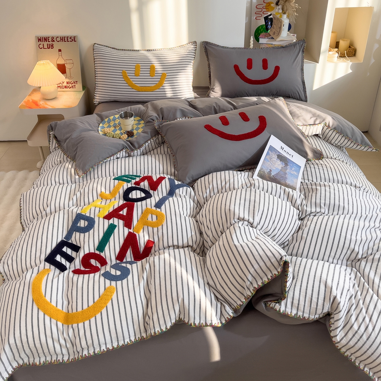 91家纺网 家纺一手货源 找家纺 炫拼家纺 2026新款A类全棉水洗棉贝壳边毛巾绣四件套-炫彩系列 炫彩-灰