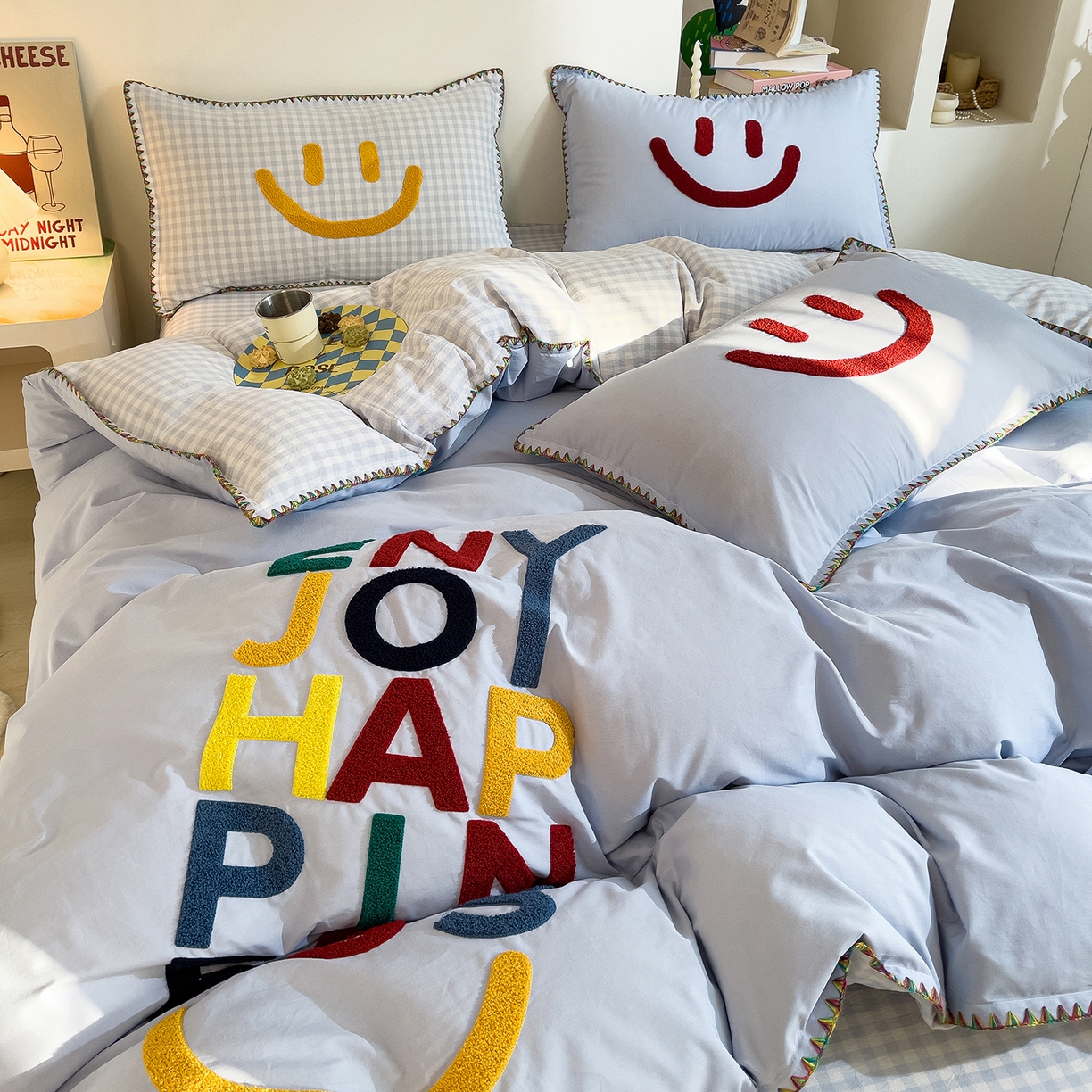 91家纺网 家纺一手货源 找家纺 炫拼家纺 2026新款A类全棉水洗棉贝壳边毛巾绣四件套-炫彩系列 炫彩-蓝