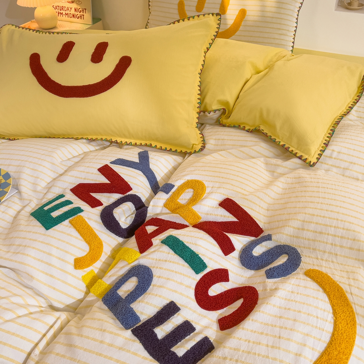 91家纺网 家纺一手货源 找家纺 炫拼家纺 2026新款A类全棉水洗棉贝壳边毛巾绣四件套-炫彩系列 炫彩-黄