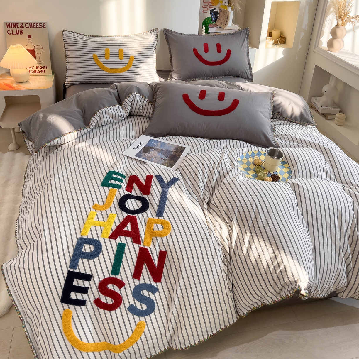 91家纺网 家纺一手货源 找家纺 炫拼家纺 2026新款A类全棉水洗棉贝壳边毛巾绣四件套-炫彩系列 炫彩-灰