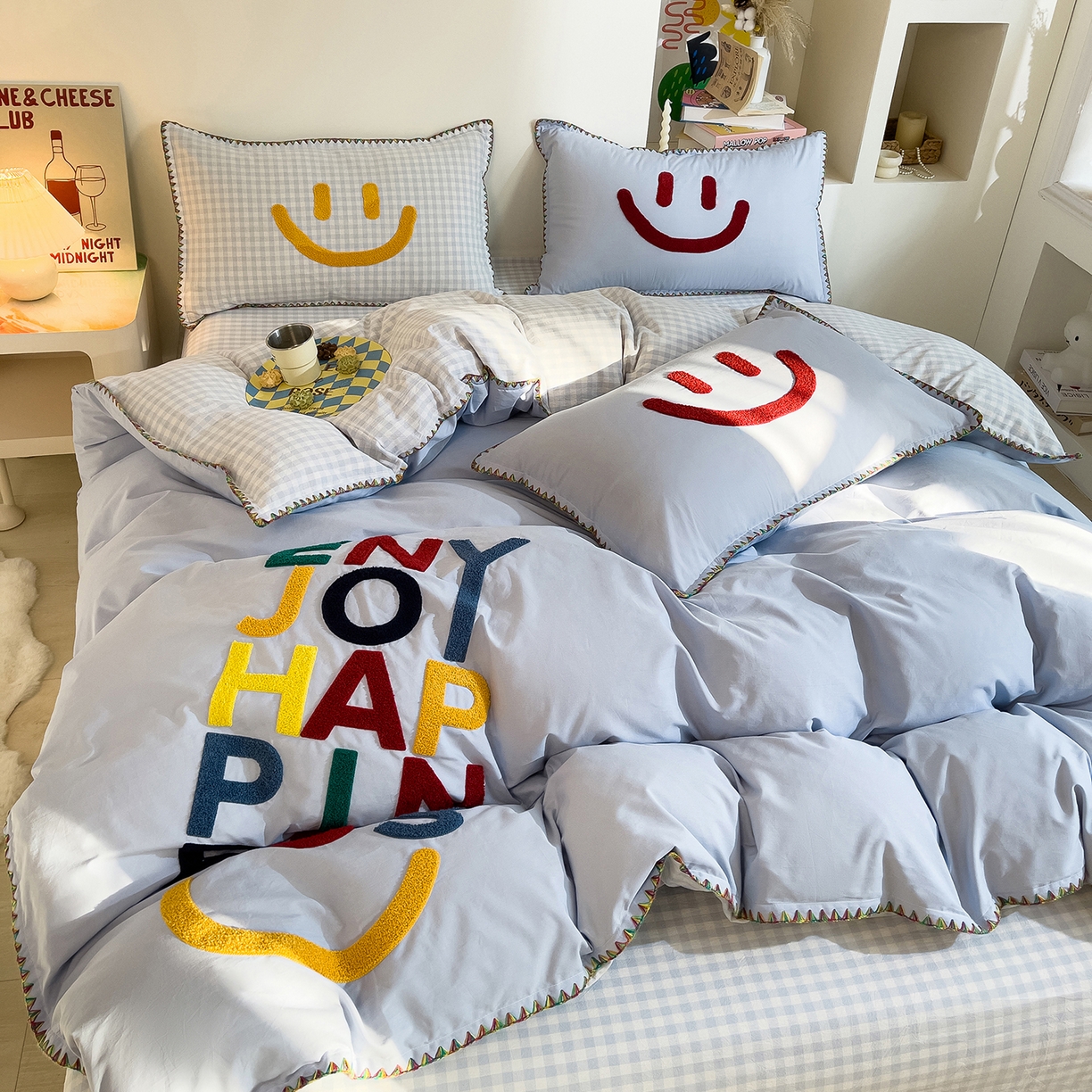 91家纺网 家纺一手货源 找家纺 炫拼家纺 2026新款A类全棉水洗棉贝壳边毛巾绣四件套-炫彩系列 炫彩-蓝