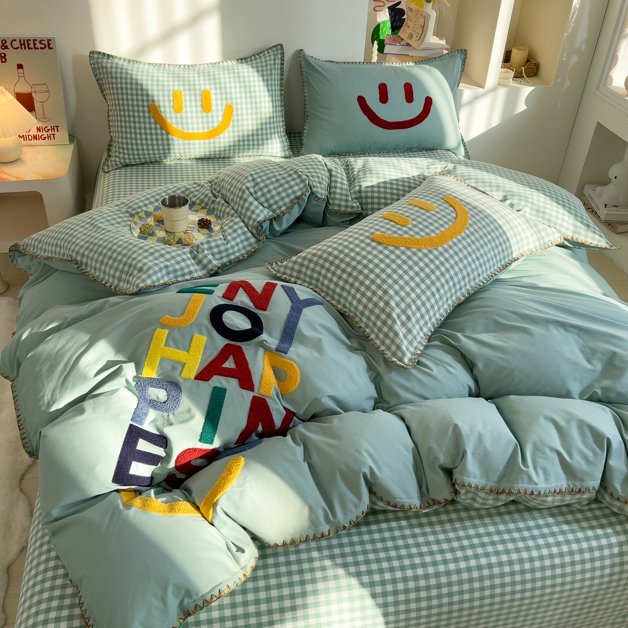 91家纺网 家纺一手货源 找家纺 炫拼家纺 2026新款A类全棉水洗棉贝壳边毛巾绣四件套-炫彩系列 炫彩-绿