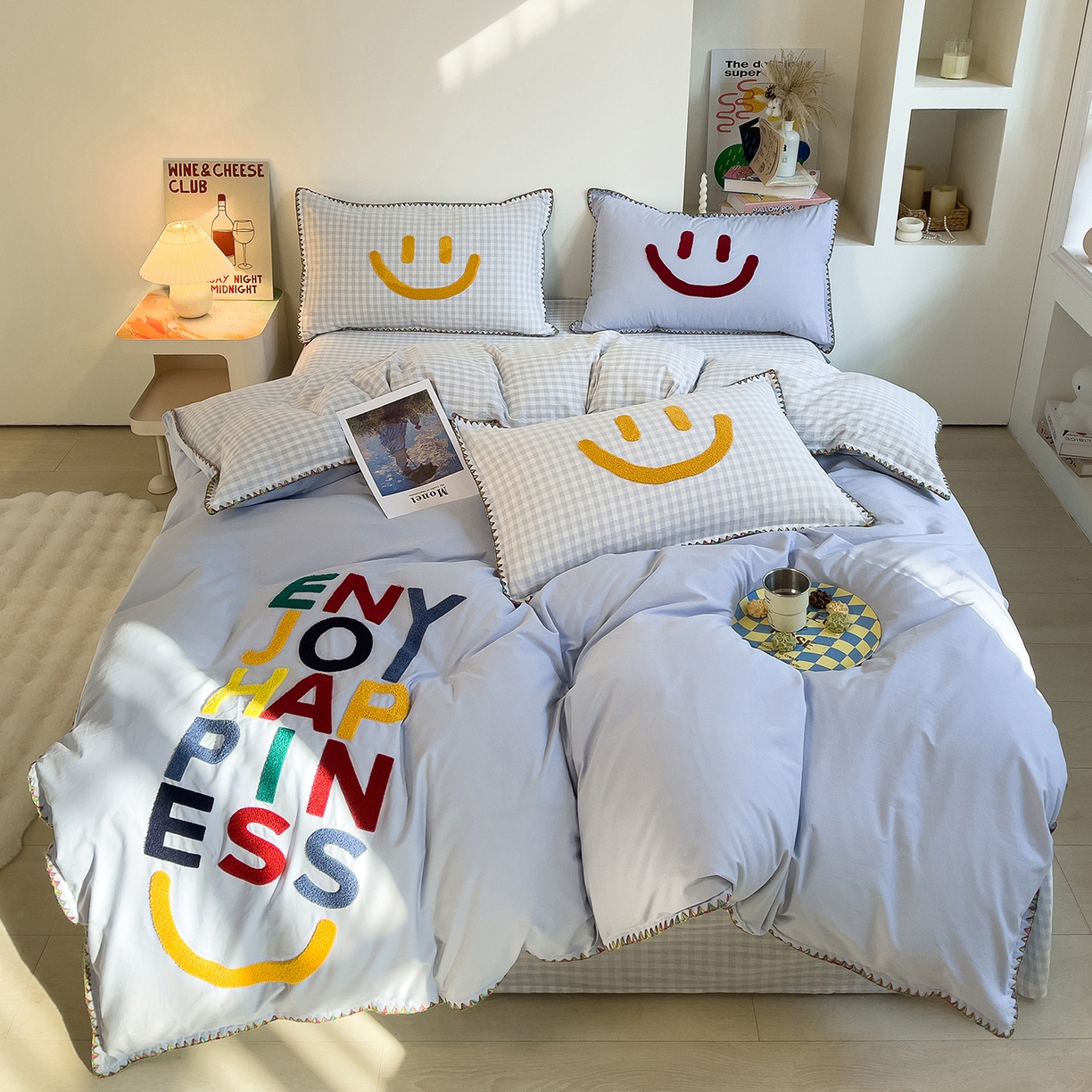 91家纺网 家纺一手货源 找家纺 炫拼家纺 2026新款A类全棉水洗棉贝壳边毛巾绣四件套-炫彩系列 炫彩-蓝