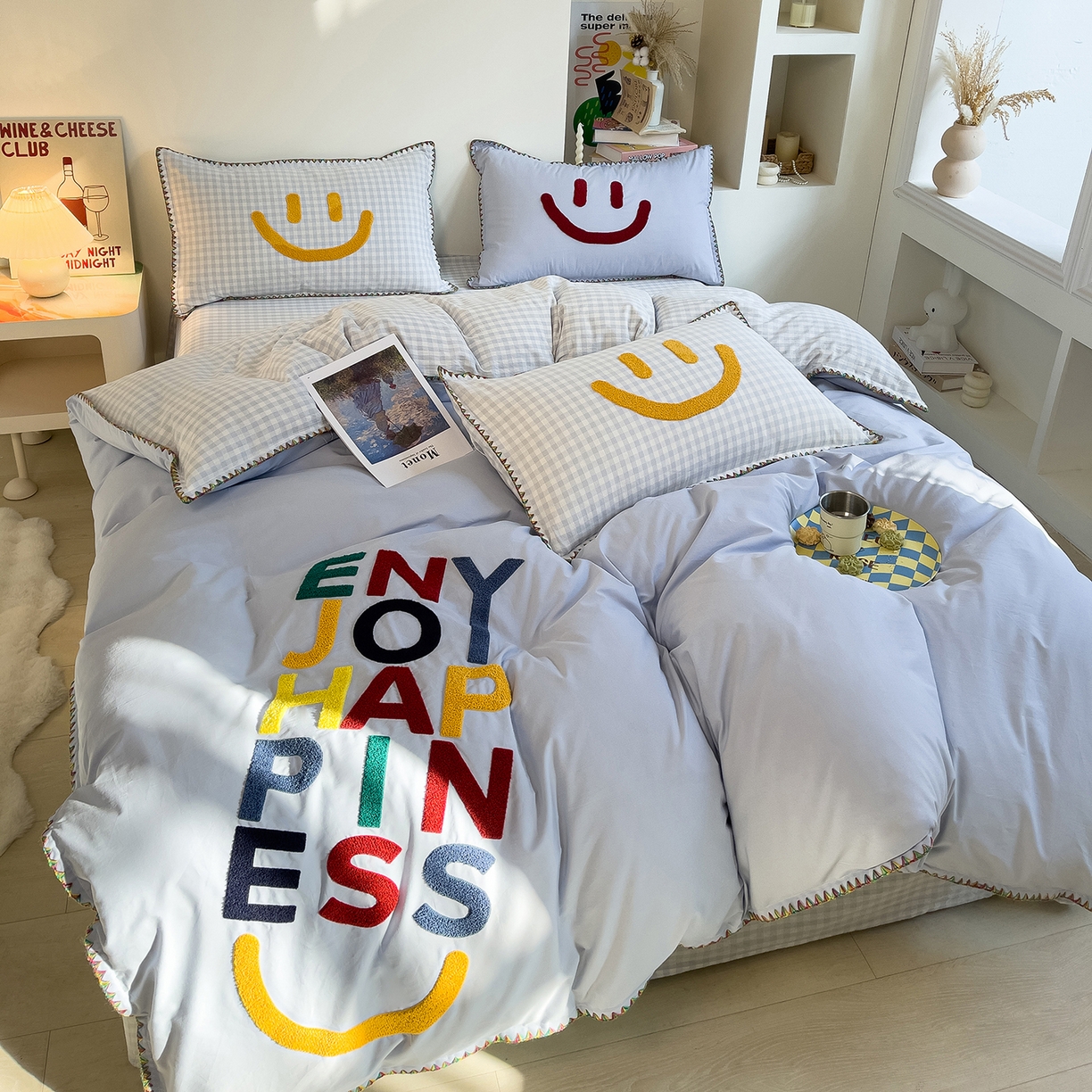 91家纺网 家纺一手货源 找家纺 炫拼家纺 2026新款A类全棉水洗棉贝壳边毛巾绣四件套-炫彩系列 炫彩-蓝