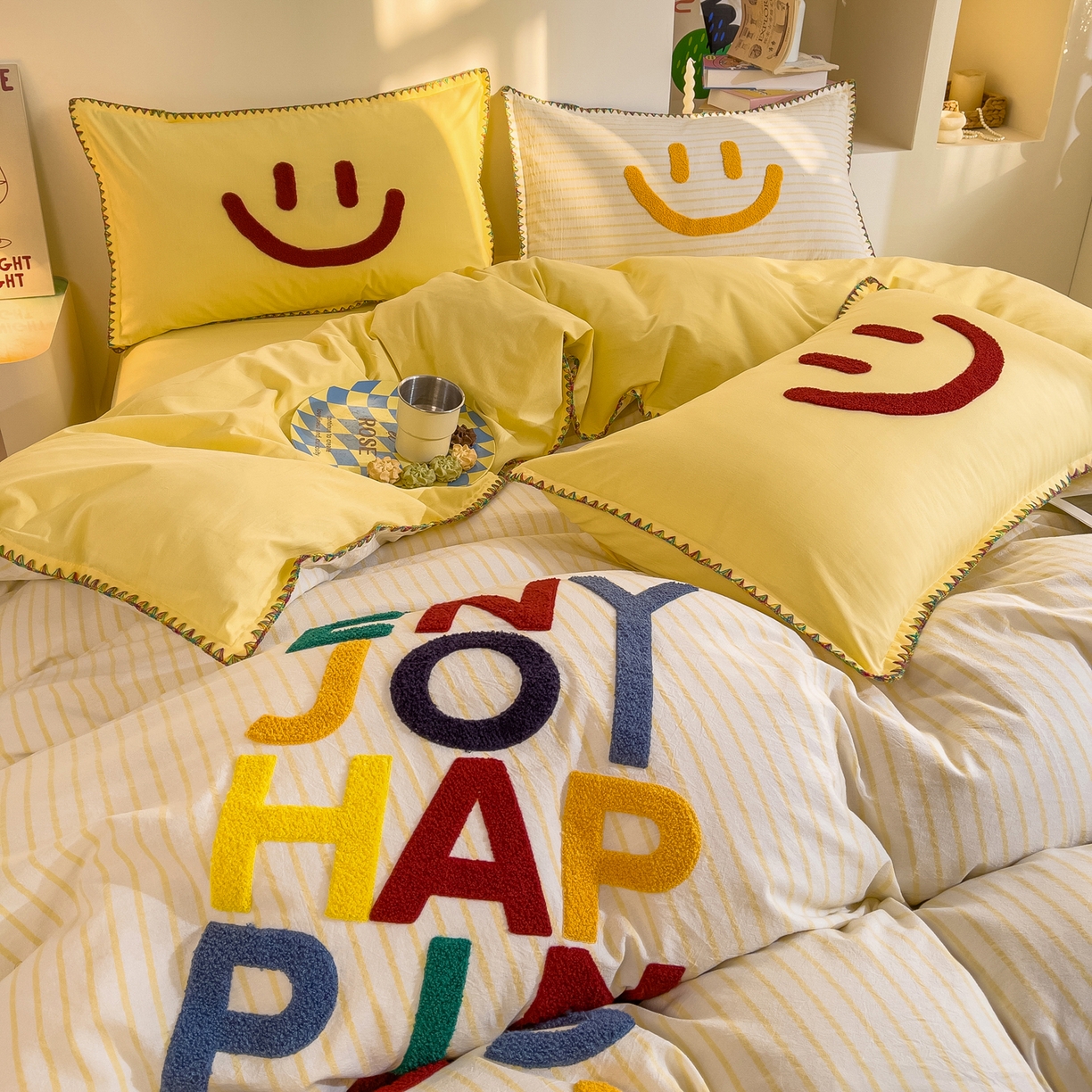 91家纺网 家纺一手货源 找家纺 炫拼家纺 2026新款A类全棉水洗棉贝壳边毛巾绣四件套-炫彩系列 炫彩-黄