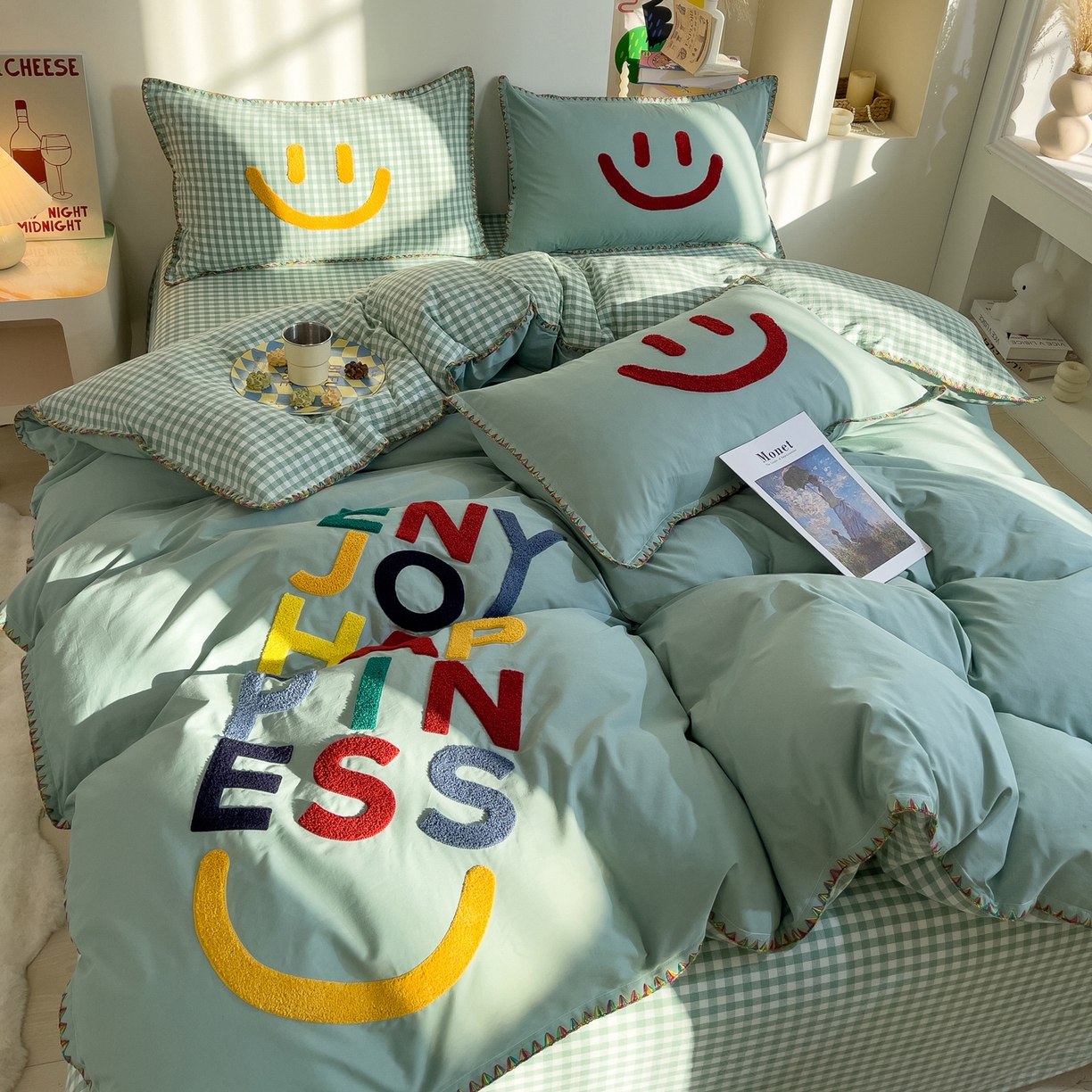 炫拼家纺 2026新款A类全棉水洗棉贝壳边毛巾绣四件套-炫彩系列 炫彩-绿