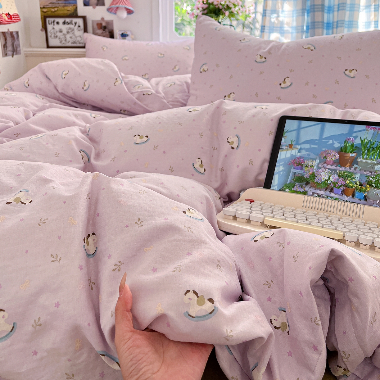 91家纺网 家纺一手货源 找家纺 焱博家纺 2026新款A类全棉双层纱系列四件套 宝妮乐园