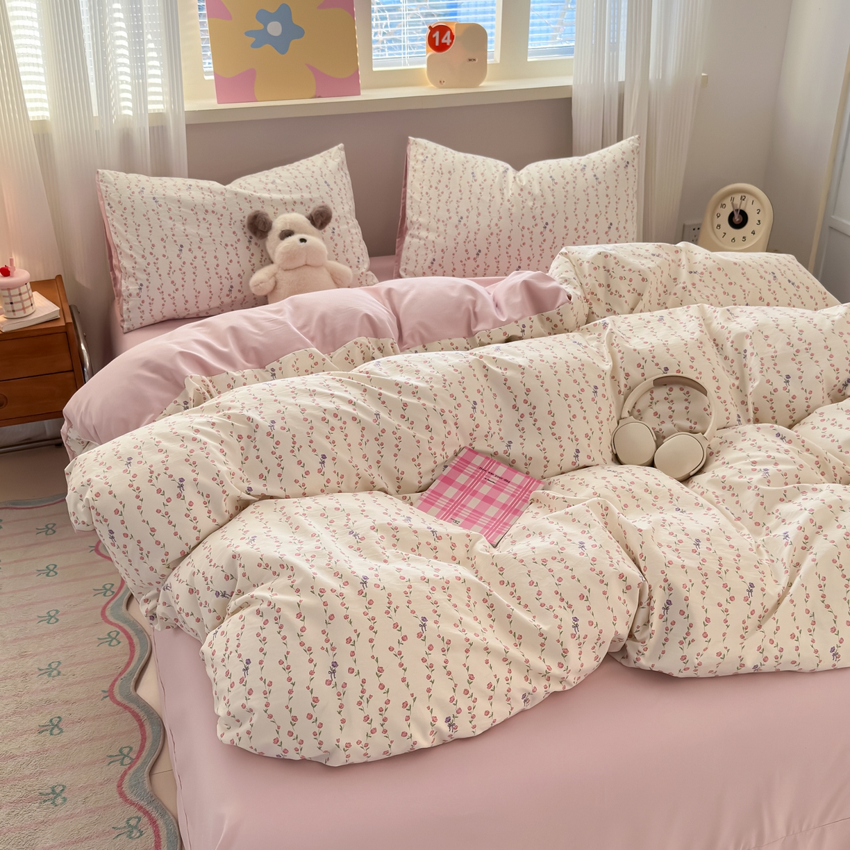 91家纺网 家纺一手货源 找家纺 德比尔斯  2026新款古法水洗仿棉云感棉小布袋四件套 春日初恋