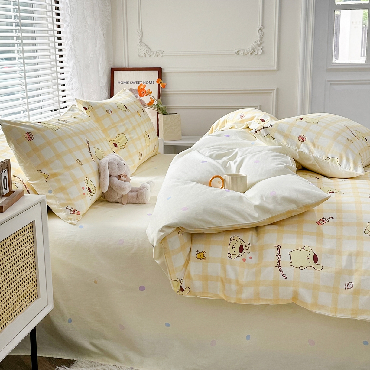 91家纺网 家纺一手货源 找家纺 玉元坊 2026新款正版授权三丽鸥系列全棉纯棉床单四件套学生三件套-大耳狗帕恰狗布丁狗系列 焦糖布丁狗【简约款】