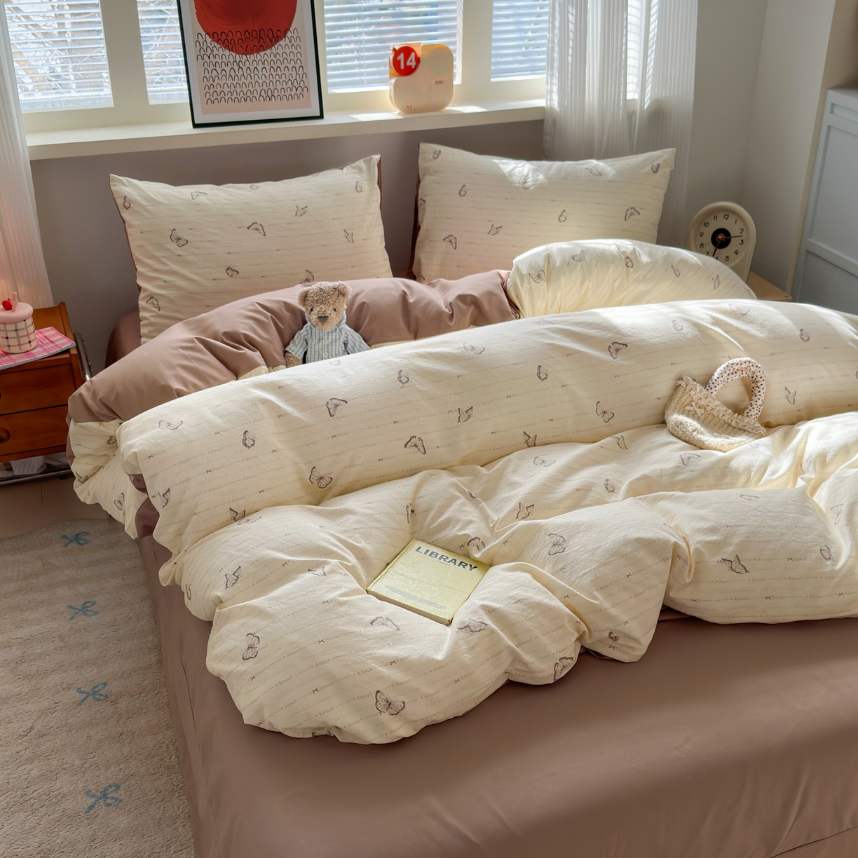 91家纺网 家纺一手货源 找家纺 德比尔斯  2026新款古法水洗仿棉云感棉小布袋四件套 蝶舞飞