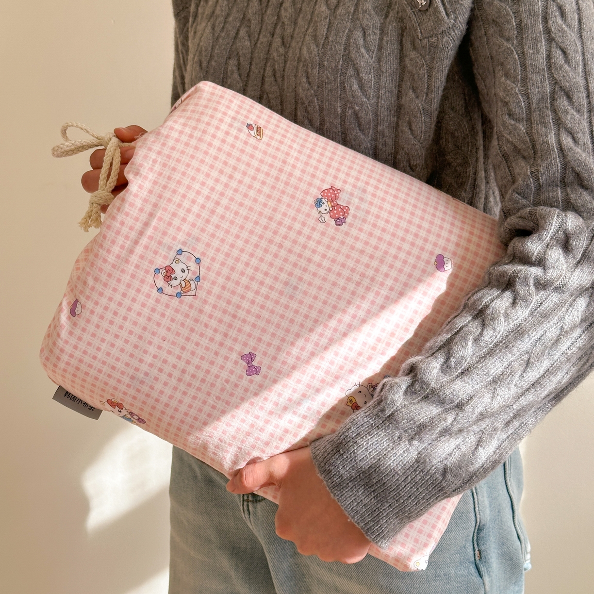 德比尔斯  2026新款古法水洗仿棉云感棉小布袋四件套 粉格KT猫