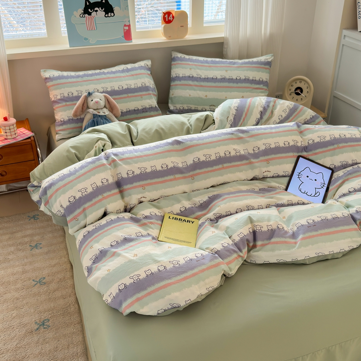 91家纺网 家纺一手货源 找家纺 德比尔斯  2026新款古法水洗仿棉云感棉小布袋四件套 海边童话