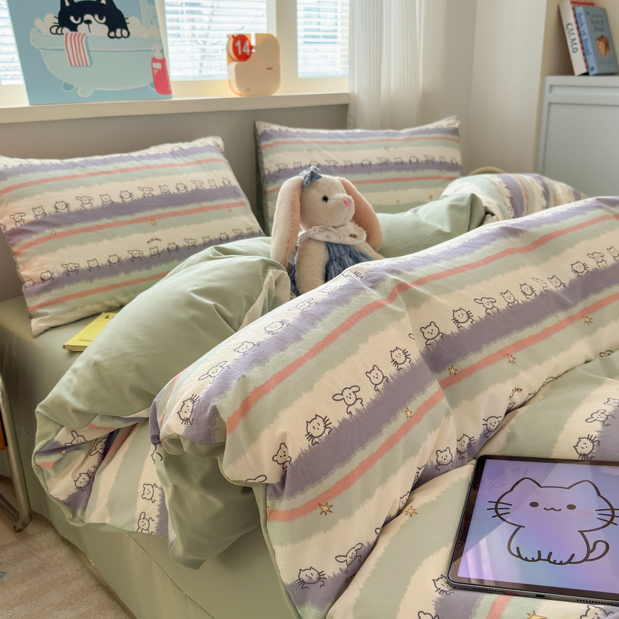 91家纺网 家纺一手货源 找家纺 德比尔斯  2026新款古法水洗仿棉云感棉小布袋四件套 海边童话