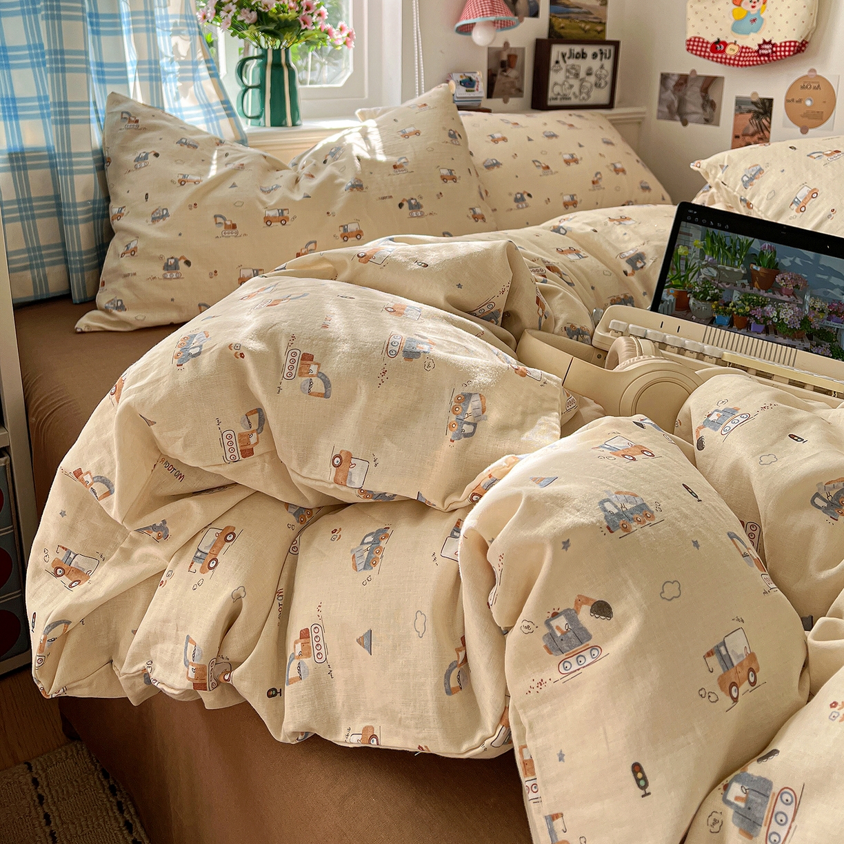 91家纺网 家纺一手货源 找家纺 焱博家纺 2026新款A类全棉双层纱系列四件套 工程车小队