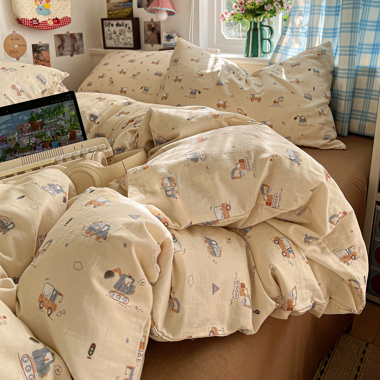 91家纺网 家纺一手货源 找家纺 焱博家纺 2026新款A类全棉双层纱系列四件套 工程车小队