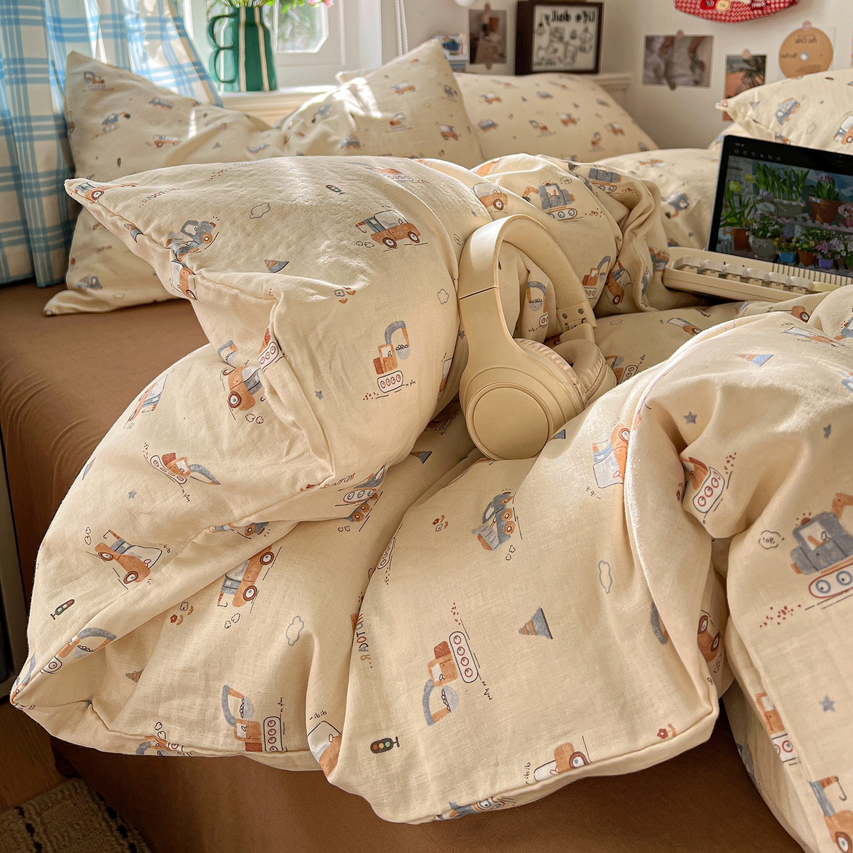 91家纺网 家纺一手货源 找家纺 焱博家纺 2026新款A类全棉双层纱系列四件套 工程车小队