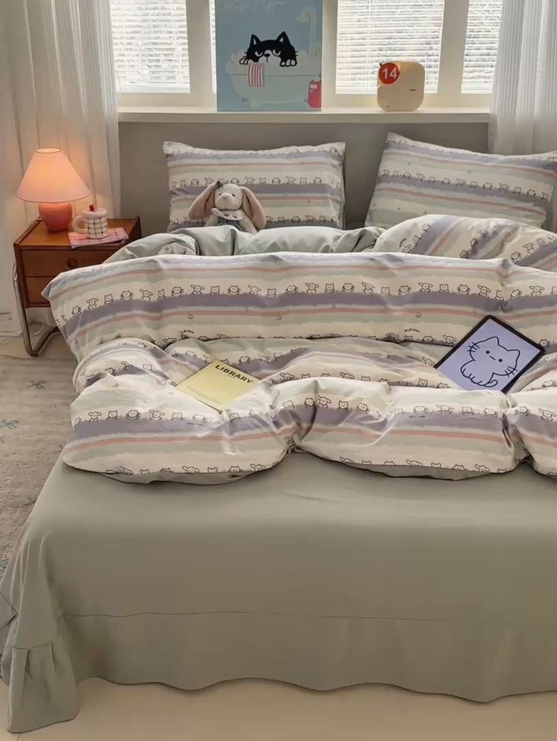 91家纺网 家纺一手货源 找家纺 德比尔斯  2026新款古法水洗仿棉云感棉小布袋四件套 海边童话