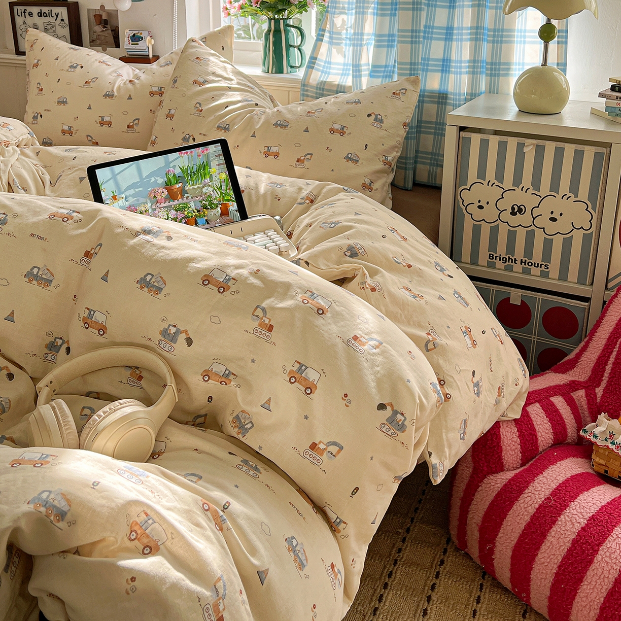 91家纺网 家纺一手货源 找家纺 焱博家纺 2026新款A类全棉双层纱系列四件套 工程车小队