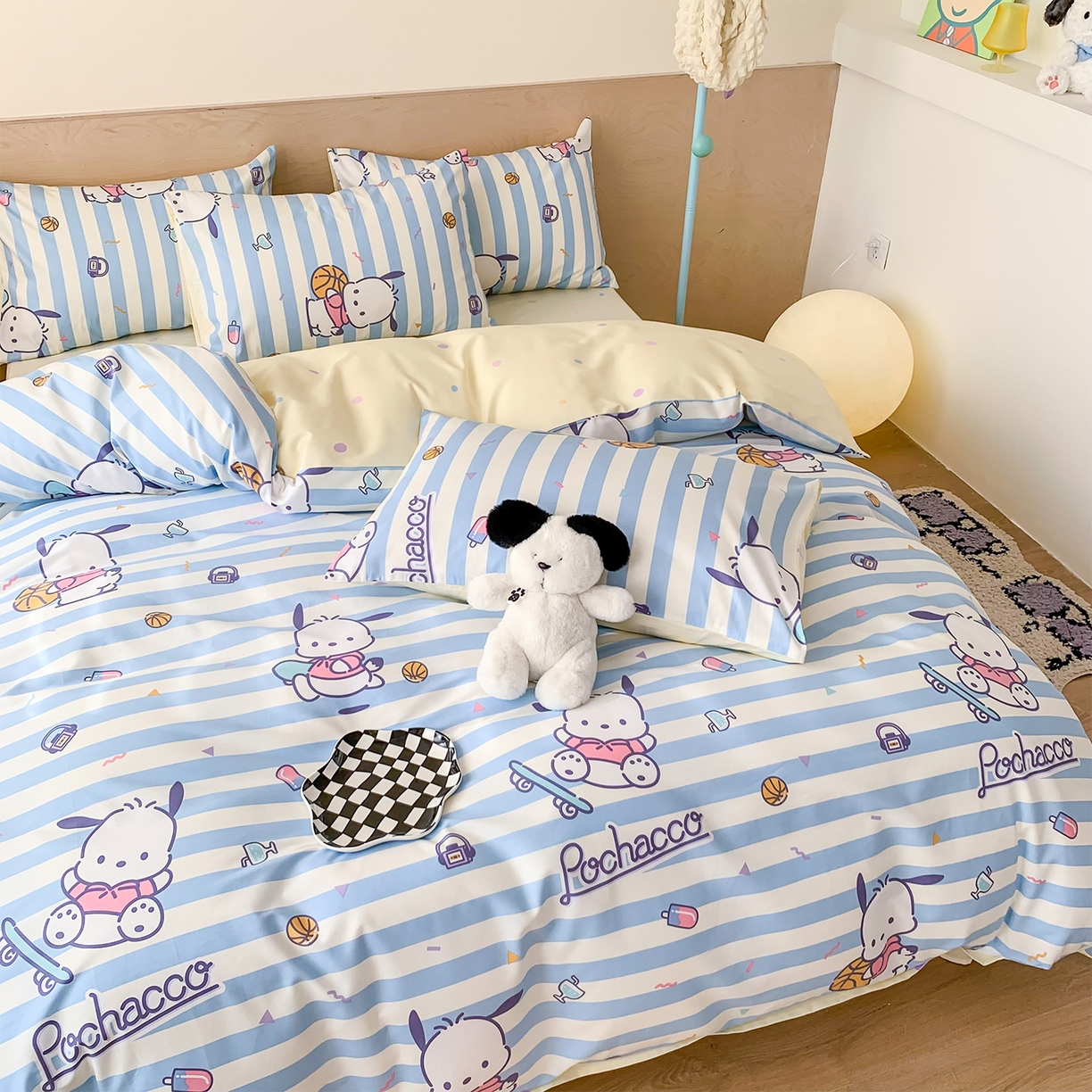 91家纺网 家纺一手货源 找家纺 玉元坊 2026新款正版授权三丽鸥系列全棉纯棉床单四件套学生三件套-大耳狗帕恰狗布丁狗系列 条纹帕恰狗【简约款】