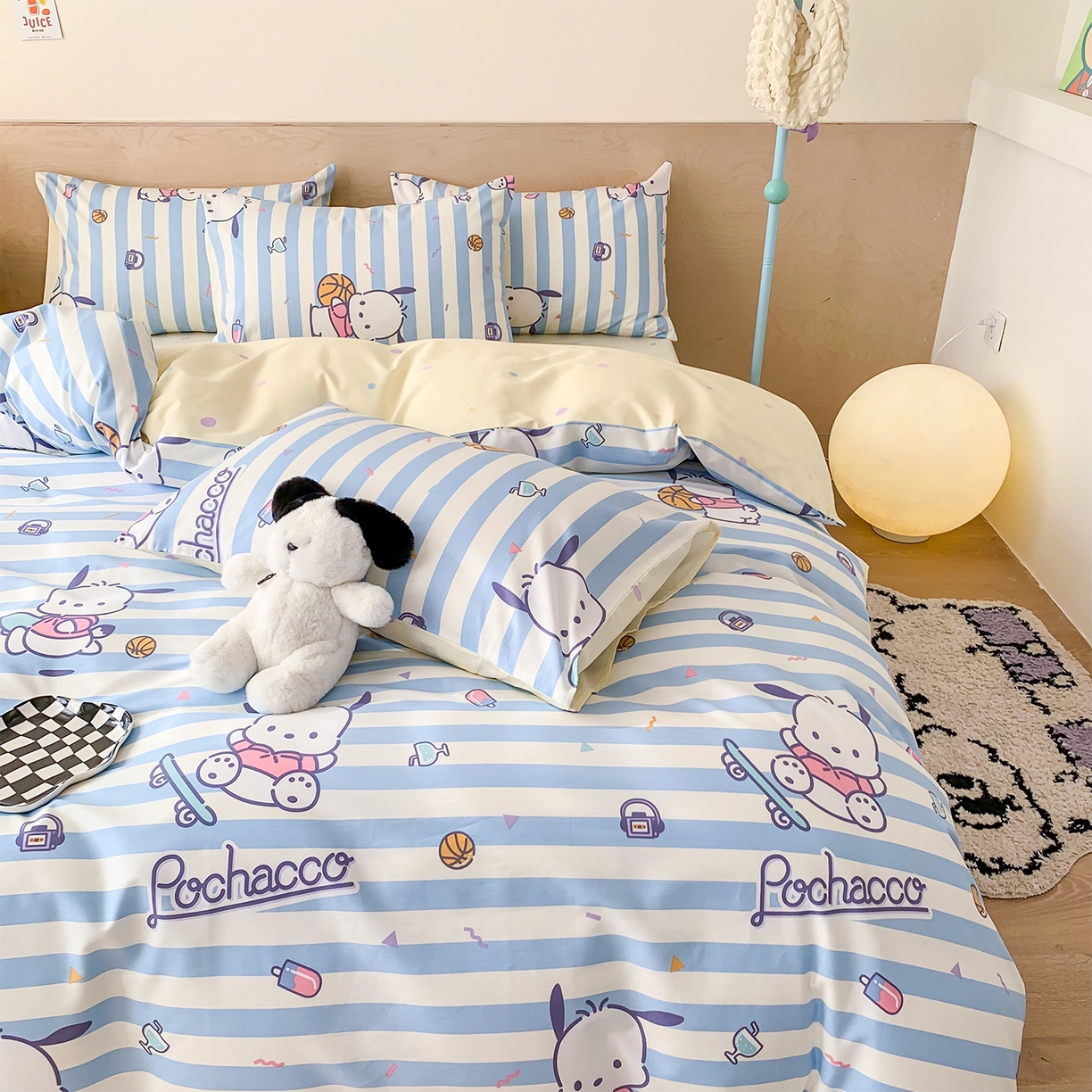 91家纺网 家纺一手货源 找家纺 玉元坊 2026新款正版授权三丽鸥系列全棉纯棉床单四件套学生三件套-大耳狗帕恰狗布丁狗系列 条纹帕恰狗【简约款】