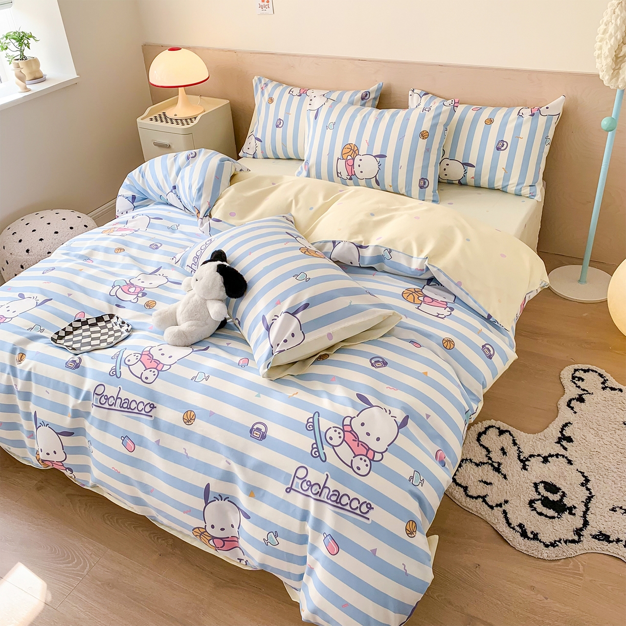 91家纺网 家纺一手货源 找家纺 玉元坊 2026新款正版授权三丽鸥系列全棉纯棉床单四件套学生三件套-大耳狗帕恰狗布丁狗系列 条纹帕恰狗【简约款】