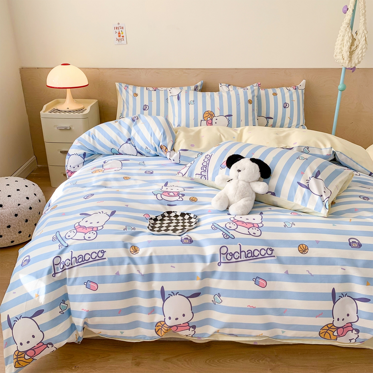 91家纺网 家纺一手货源 找家纺 玉元坊 2026新款正版授权三丽鸥系列全棉纯棉床单四件套学生三件套-大耳狗帕恰狗布丁狗系列 条纹帕恰狗【简约款】