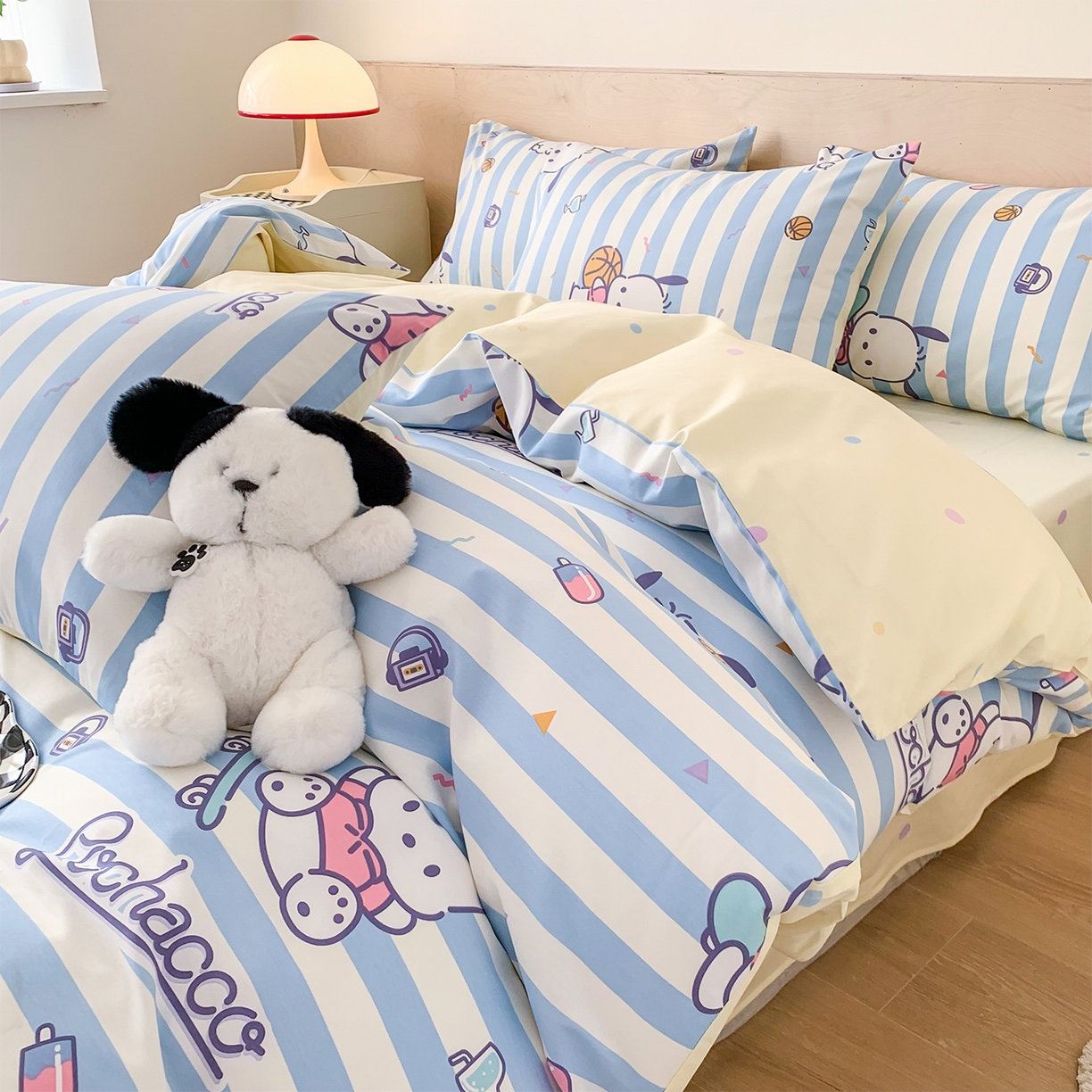 91家纺网 家纺一手货源 找家纺 玉元坊 2026新款正版授权三丽鸥系列全棉纯棉床单四件套学生三件套-大耳狗帕恰狗布丁狗系列 条纹帕恰狗【简约款】