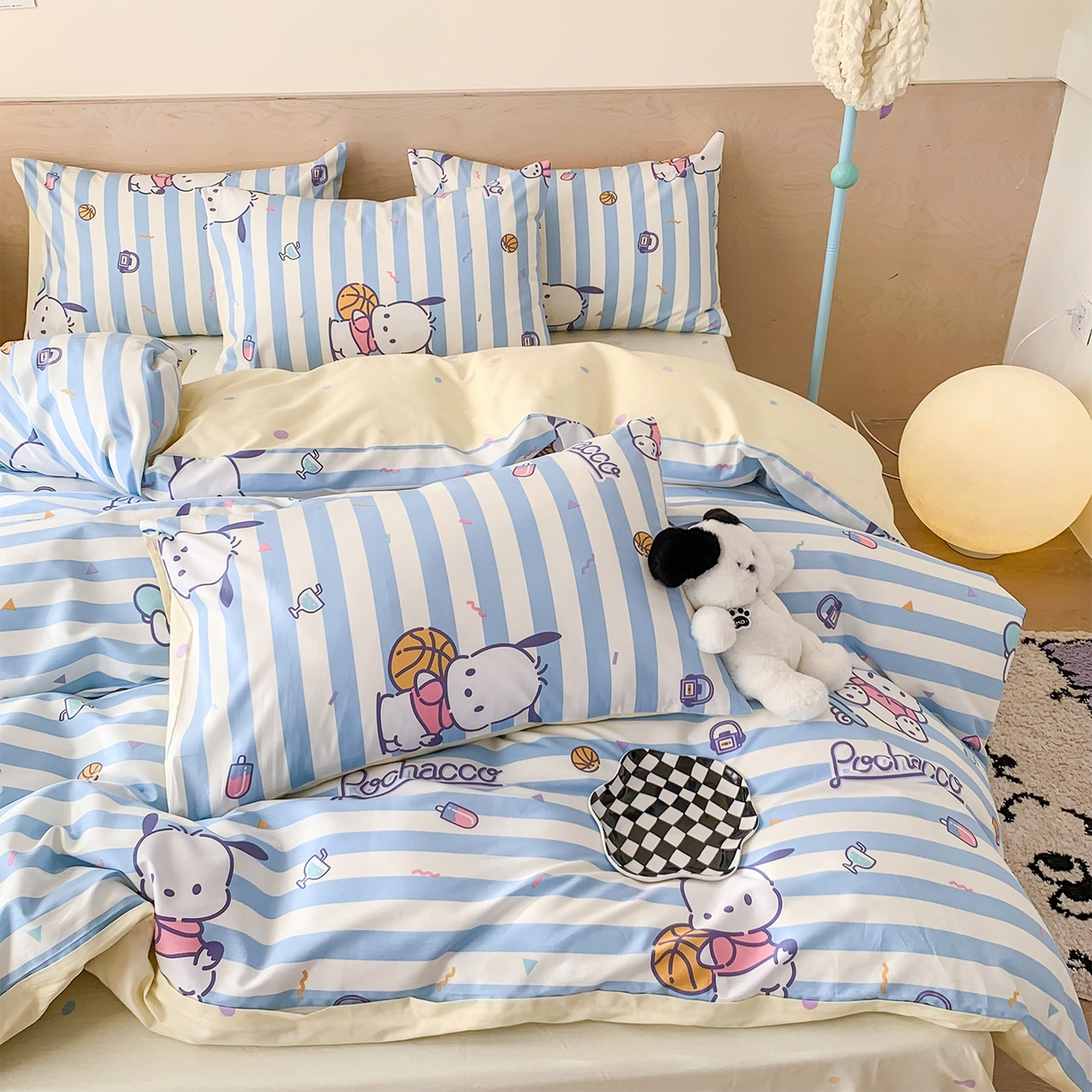 91家纺网 家纺一手货源 找家纺 玉元坊 2026新款正版授权三丽鸥系列全棉纯棉床单四件套学生三件套-大耳狗帕恰狗布丁狗系列 条纹帕恰狗【简约款】