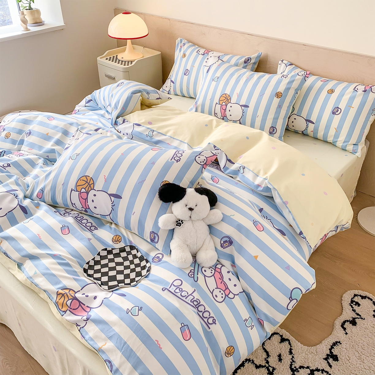 91家纺网 家纺一手货源 找家纺 玉元坊 2026新款正版授权三丽鸥系列全棉纯棉床单四件套学生三件套-大耳狗帕恰狗布丁狗系列 条纹帕恰狗【简约款】