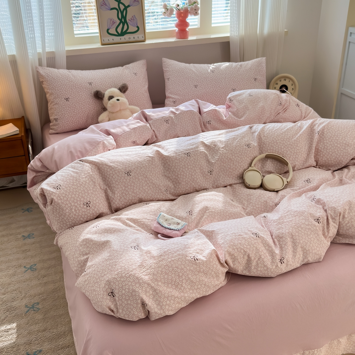 91家纺网 家纺一手货源 找家纺 德比尔斯  2026新款古法水洗仿棉云感棉小布袋四件套 蝴蝶结粉