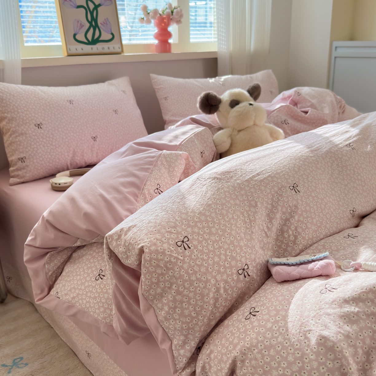 91家纺网 家纺一手货源 找家纺 德比尔斯  2026新款古法水洗仿棉云感棉小布袋四件套 蝴蝶结粉