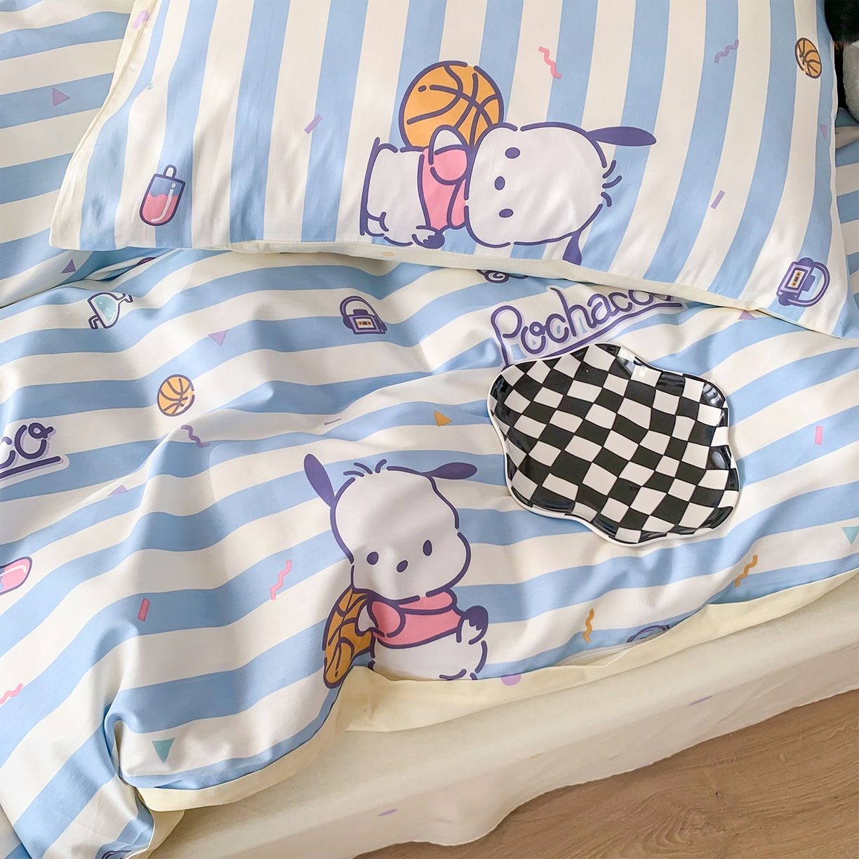 91家纺网 家纺一手货源 找家纺 玉元坊 2026新款正版授权三丽鸥系列全棉纯棉床单四件套学生三件套-大耳狗帕恰狗布丁狗系列 条纹帕恰狗【简约款】