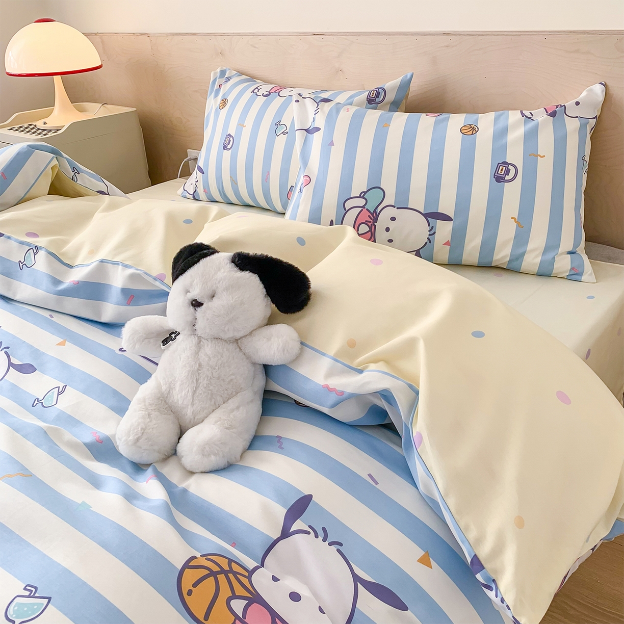 91家纺网 家纺一手货源 找家纺 玉元坊 2026新款正版授权三丽鸥系列全棉纯棉床单四件套学生三件套-大耳狗帕恰狗布丁狗系列 条纹帕恰狗【简约款】