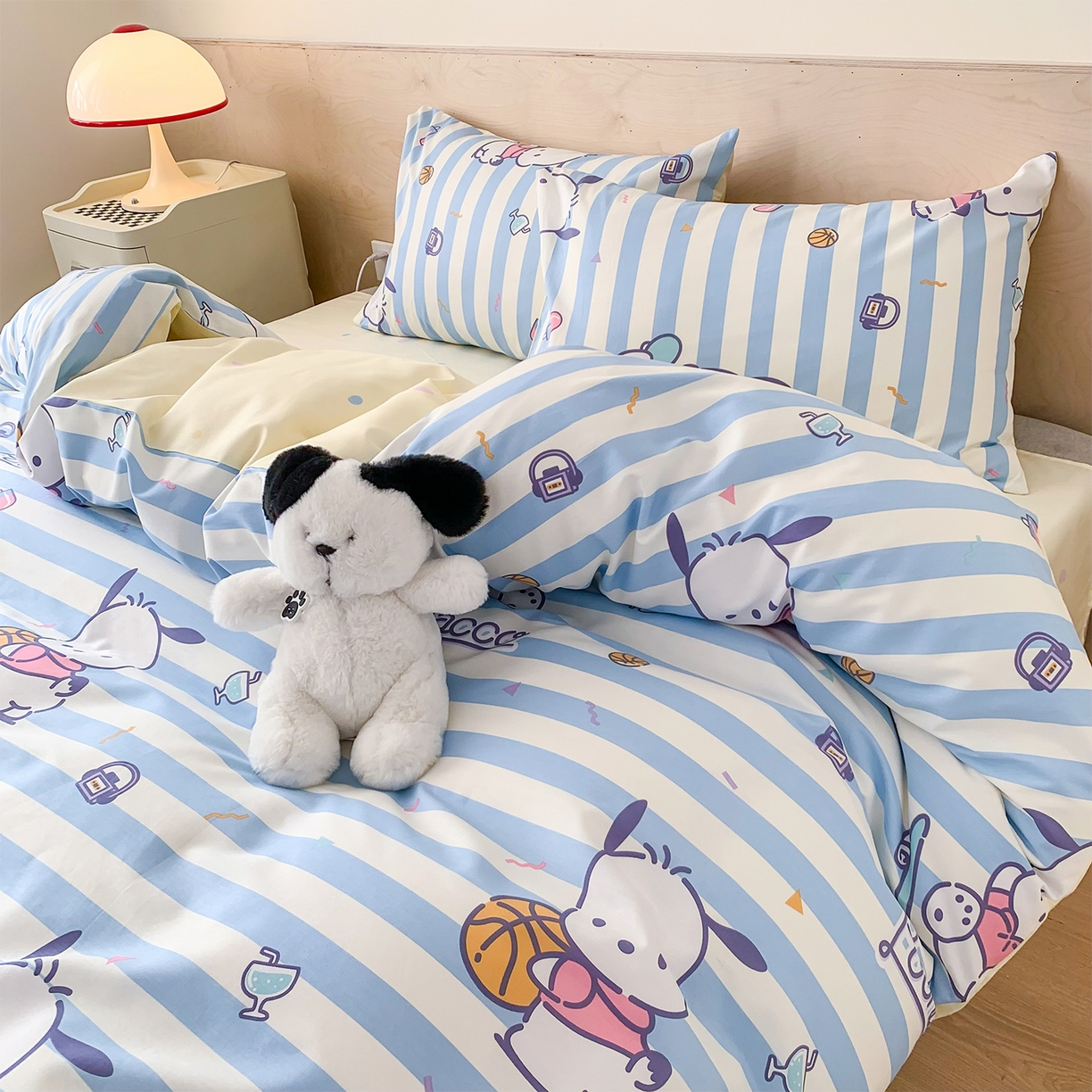 91家纺网 家纺一手货源 找家纺 玉元坊 2026新款正版授权三丽鸥系列全棉纯棉床单四件套学生三件套-大耳狗帕恰狗布丁狗系列 条纹帕恰狗【简约款】