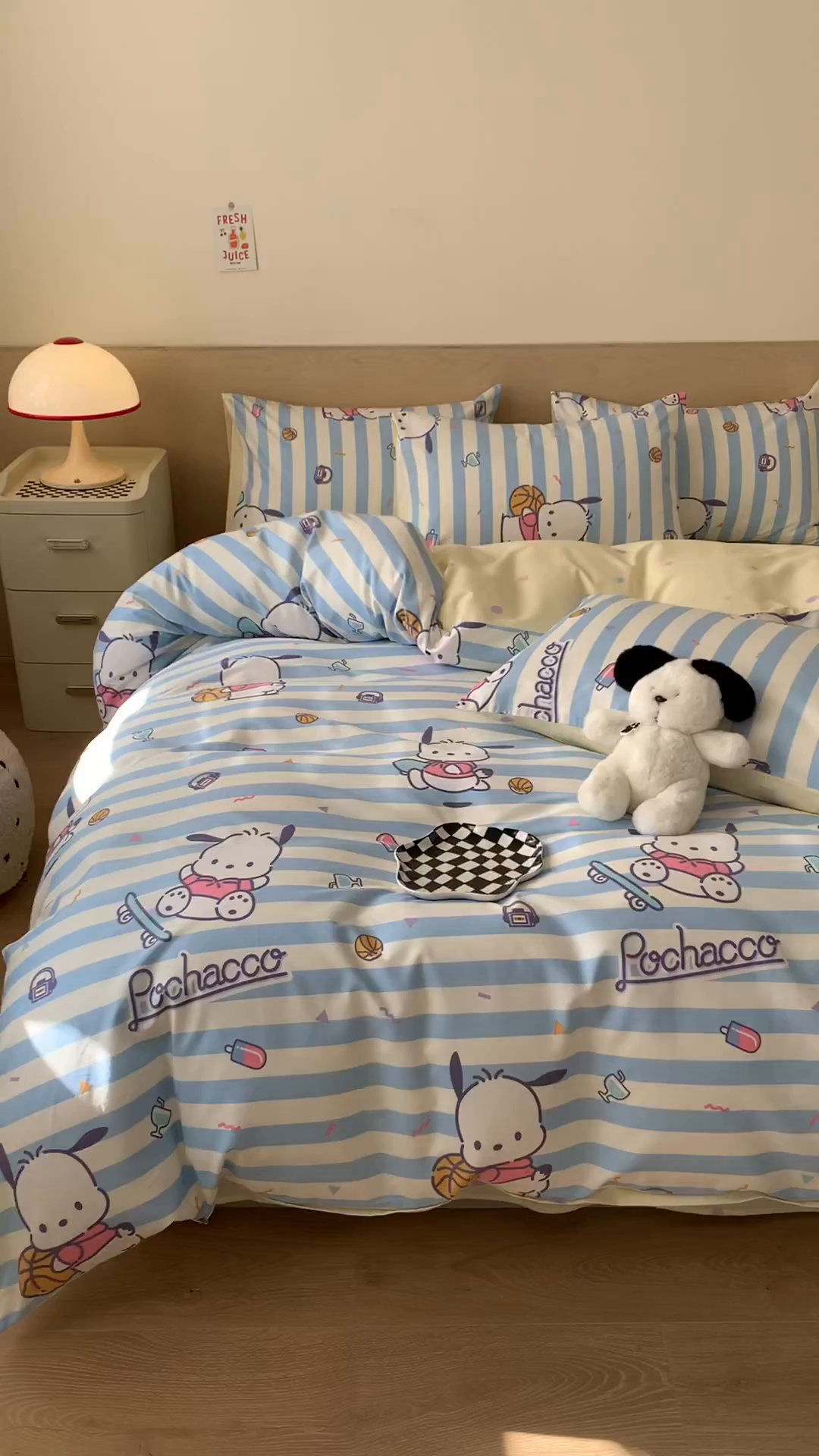 91家纺网 家纺一手货源 找家纺 玉元坊 2026新款正版授权三丽鸥系列全棉纯棉床单四件套学生三件套-大耳狗帕恰狗布丁狗系列 条纹帕恰狗【简约款】