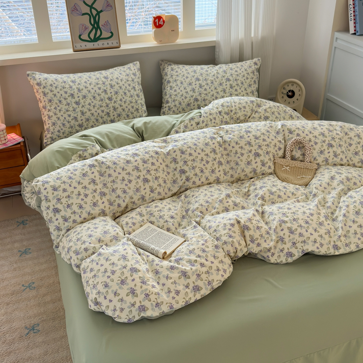 91家纺网 家纺一手货源 找家纺 德比尔斯  2026新款古法水洗仿棉云感棉小布袋四件套 蓝桉花