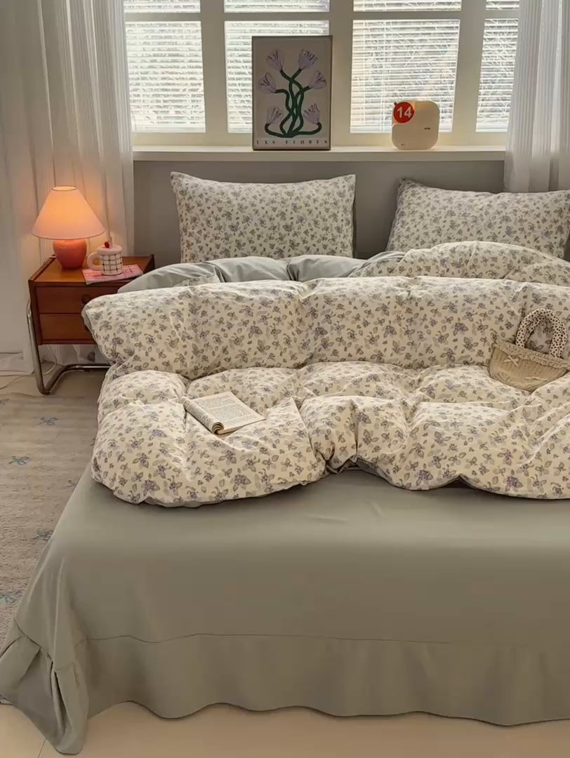 91家纺网 家纺一手货源 找家纺 德比尔斯  2026新款古法水洗仿棉云感棉小布袋四件套 蓝桉花