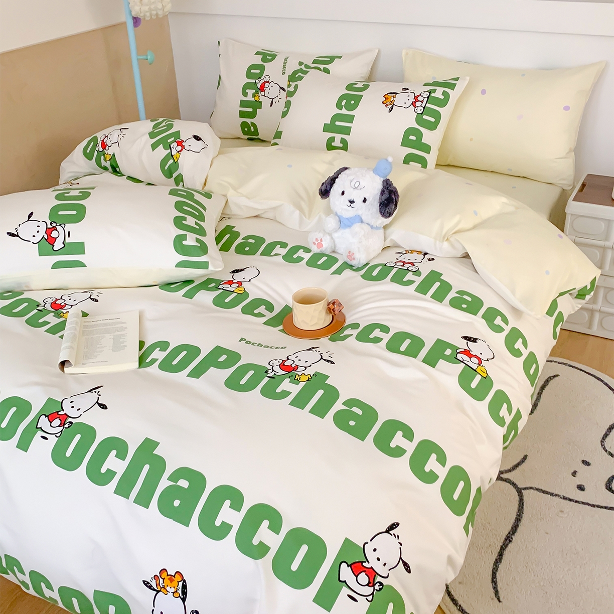 91家纺网 家纺一手货源 找家纺 玉元坊 2026新款正版授权三丽鸥系列全棉纯棉床单四件套学生三件套-大耳狗帕恰狗布丁狗系列 字母帕恰狗【简约款】