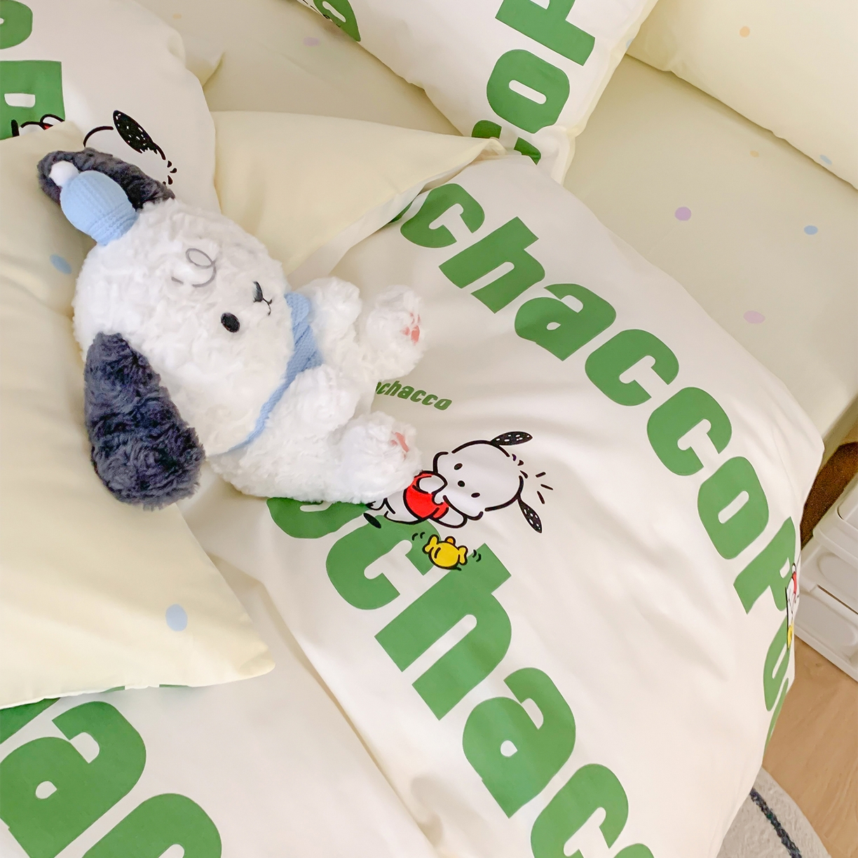 91家纺网 家纺一手货源 找家纺 玉元坊 2026新款正版授权三丽鸥系列全棉纯棉床单四件套学生三件套-大耳狗帕恰狗布丁狗系列 字母帕恰狗【简约款】