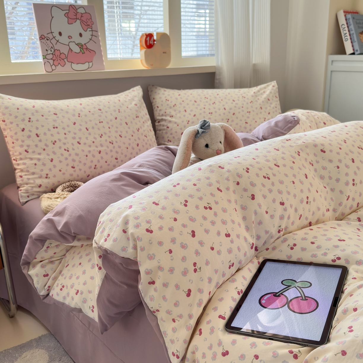 91家纺网 家纺一手货源 找家纺 德比尔斯  2026新款古法水洗仿棉云感棉小布袋四件套 蜜恋樱桃