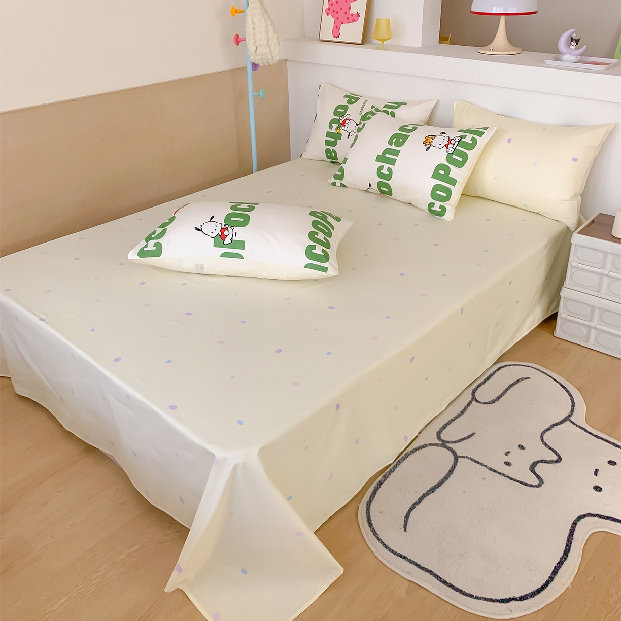 91家纺网 家纺一手货源 找家纺 玉元坊 2026新款正版授权三丽鸥系列全棉纯棉床单四件套学生三件套-大耳狗帕恰狗布丁狗系列 字母帕恰狗【简约款】