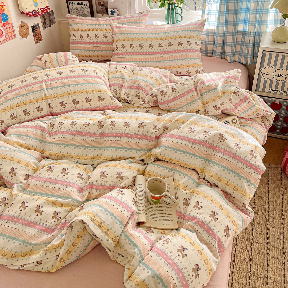 91家纺网 家纺一手货源 找家纺 焱博家纺 2026新款A类全棉双层纱系列四件套 星轨小木马