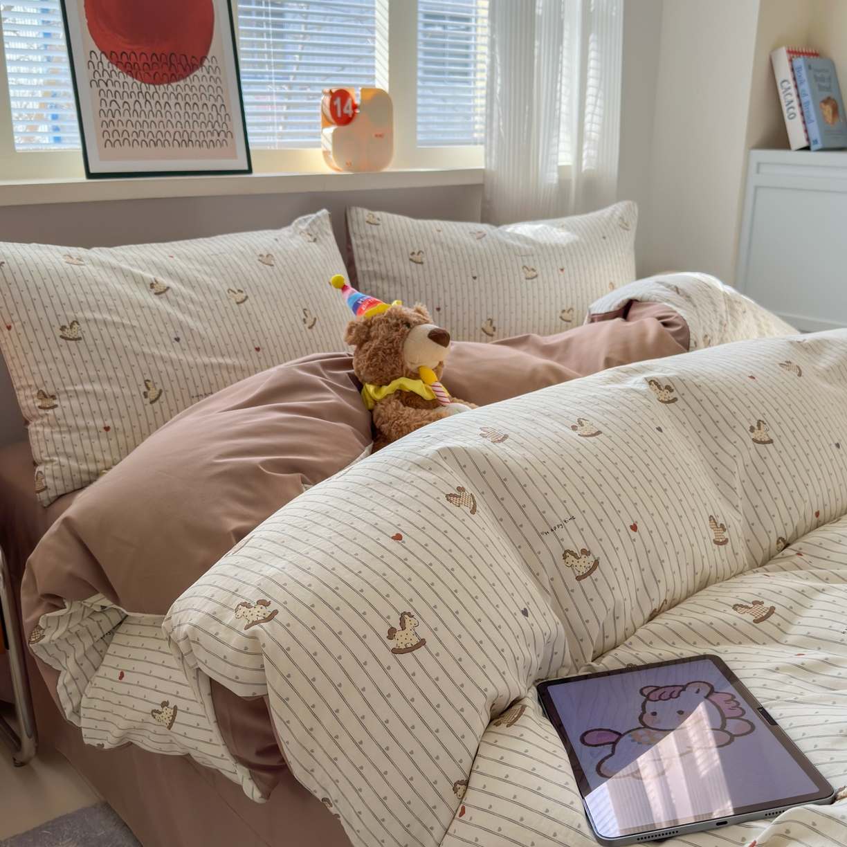 91家纺网 家纺一手货源 找家纺 德比尔斯  2026新款古法水洗仿棉云感棉小布袋四件套 木马乐园