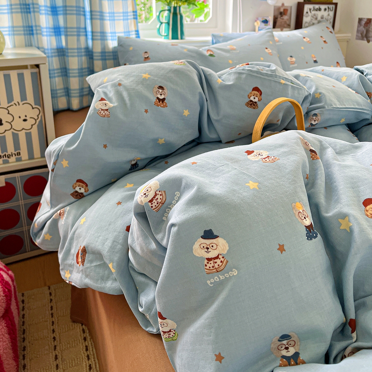 91家纺网 家纺一手货源 找家纺 焱博家纺 2026新款A类全棉双层纱系列四件套 眼镜家族