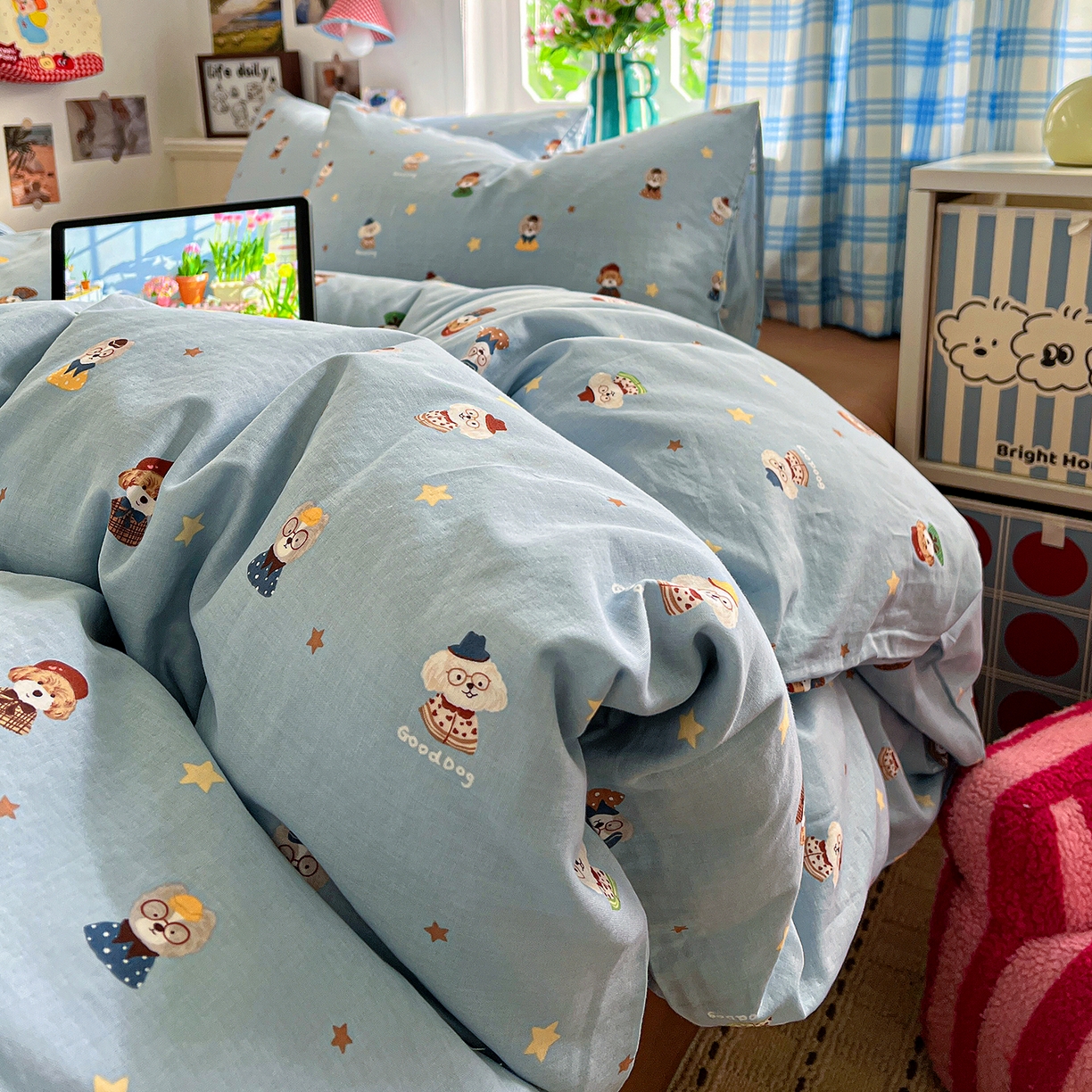 91家纺网 家纺一手货源 找家纺 焱博家纺 2026新款A类全棉双层纱系列四件套 眼镜家族