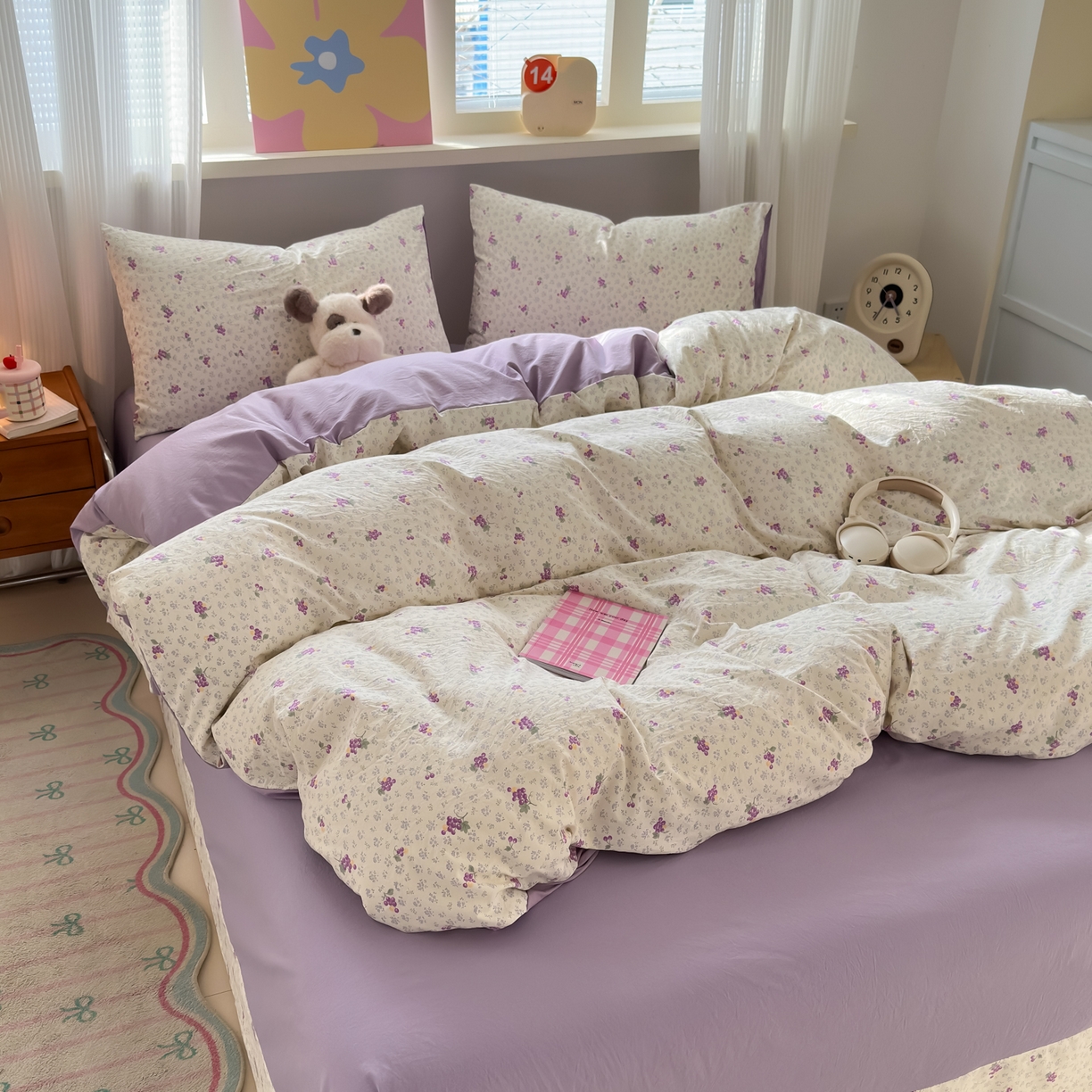 91家纺网 家纺一手货源 找家纺 德比尔斯  2026新款古法水洗仿棉云感棉小布袋四件套 葡萄